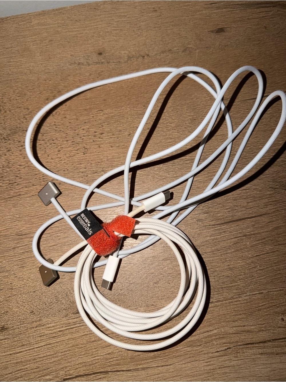 Essentials White Braided USB-C to USB-C Charging Cable with Orange Velcro Tie